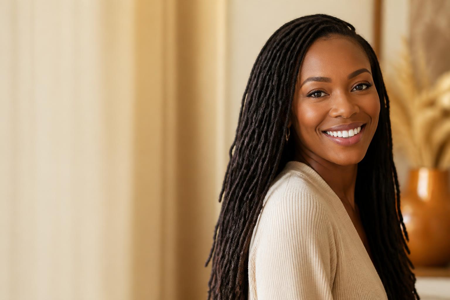 Client with fine sisterlocks styled in warm golden light